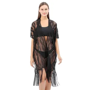 Dames Sexy Kant Haken Strandjurkje Kwastje Franje Cardigan Oversized Doorschijnend Bladpatroon Zomer Zonbescherming Top