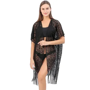 Sexy zwarte kanten strand-cardigan met geometrische patronen en franjes aan de zoom