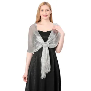 Elegante scialle metallizzato argento con fibbia e frange per abito da sera da sposa