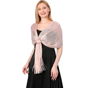Elegant pink metallic shimmer shawl with fringe and buckle for evening dress
