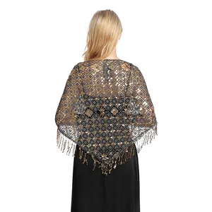 Detailed back view of elegant gold sequined triangle shawl with hanging tassels