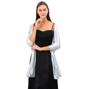 Elegant silver satin shawl wrap for bridesmaid evening dresses shown on a female model.