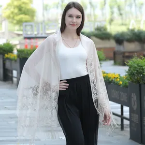 Elegant beige floral lace shawl with fringe tassels for evening wedding party dress