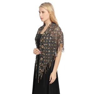 Elegant black triangular shawl with gold sequins and fringe for evening wedding parties