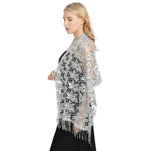 Silver water-soluble sequin shawl with tassels for evening gala and party dresses