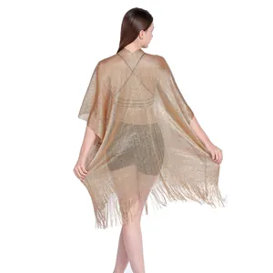 Gold lurex bikini cover-up shawl with sleeve slits and fringe detail from back view