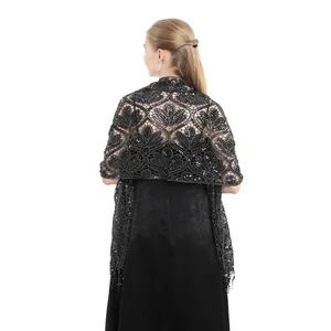 Elegant black sequined lace shawl with fringe for evening party dresses and weddings