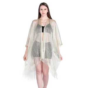 Elegant metallic gold thread shawl poncho bikini cover-up featuring fringe tassels