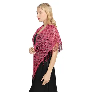 Elegant red sequin lace shawl with long tassels shown on a model for wedding party.