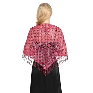 Back view of an elegant pink sequin lace shawl with tassels for evening parties