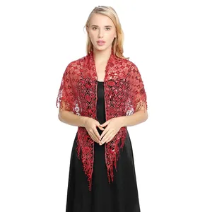 Elegant red lace sequin shawl with fringe tassels on model for evening party dress
