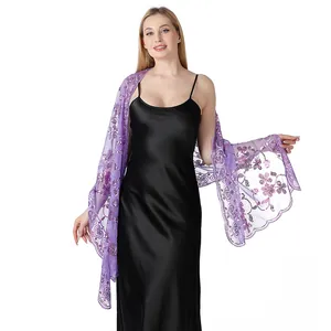 Elegant purple sequined lace shawl for evening dresses and weddings shown on model