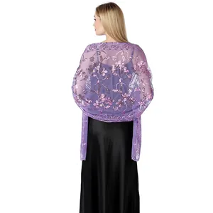 Elegant purple sequined floral mesh shawl wrap for evening dresses and weddings