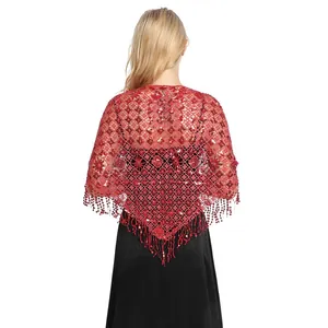 Back view of red sequin tassel bridal shawl with water-soluble lace floral embroidery