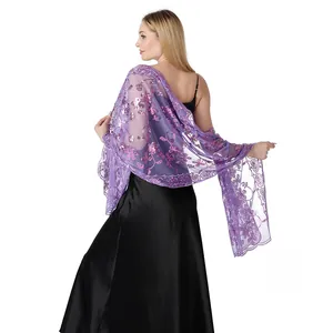 Back view of a purple sheer lace shawl featuring elegant floral sequin embroidery details