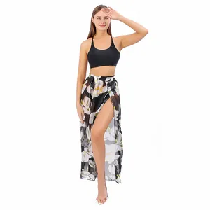 Eleganter schwarzer Wickelrock mit Blumenmuster aus Chiffon für Damen Strandmode