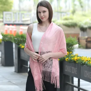 Elegant pink lace shawl with long tassels suitable for bridesmaid dresses and casual wear