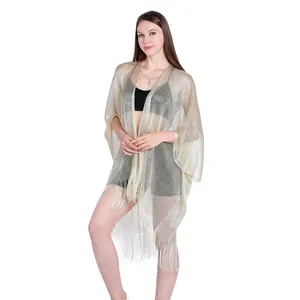 Elegant gold metallic fringe bikini cover-up shawl with sleeves for beach resort wear