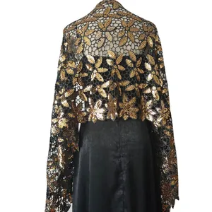 Elegant black lace shawl with gold sequins floral pattern for evening party and formal events