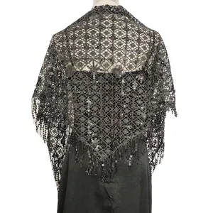 Elegant black sequin triangle shawl with fringe tassels for evening parties