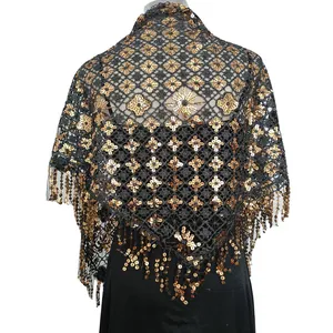 Detailed back view of black lace triangular shawl with gold sequins and fringe