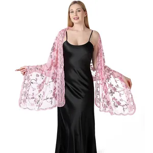 Elegant pink sequin lace shawl wrap for wedding evening dresses with floral embroidery detail