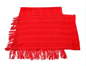 Close-up of red knitted poncho featuring hollow-out zigzag pattern and long fringe