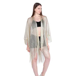 Elegant gold fringe kimono beach cover-up with metallic thread detailing for women