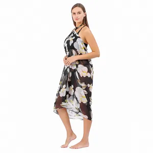 Eleganter Damen Strand-Sarong aus schwarzem Chiffon mit Blumenmuster und Bikini-Cover-up