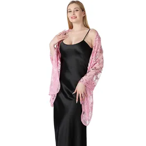 Elegant pink sequined shawl detail with delicate floral embroidery for evening wear