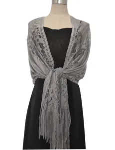 Elegant grey hollow-out lace shawl with fringe tassels for bridal or evening gowns