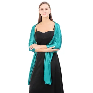 Elegant turquoise satin shawl for evening dresses and formal parties on model
