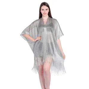 Elegant silver metallic fringe poncho cover-up for holiday beach and resort vacation wear