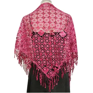 Back view detail of magenta sequined triangle shawl with delicate mesh and tassel trim