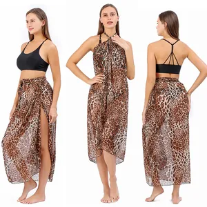 Women's Plus Size Leopard Floral Print Beach Sarong Wrap Skirt Chiffon Bikini Cover Up Tie Waist Summer Beachwear Bottom Apparel