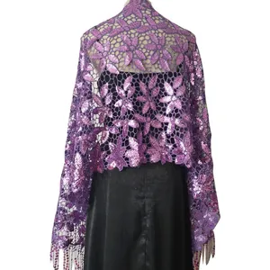 Detailed view of the purple sequin lace shawl with elegant fringe for evening wear