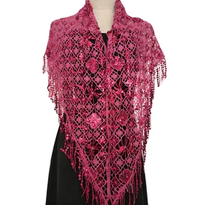 Elegant magenta lace triangle shawl with shimmering sequins and long fringe details