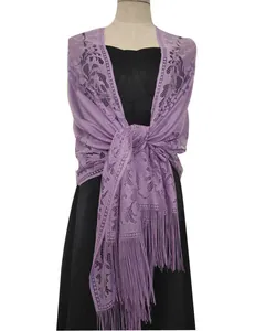 Elegant purple hollow lace shawl with fringe for evening gowns and special events