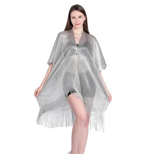 Shimmering silver metallic fringe shawl for holiday beach vacation and bikini cover up