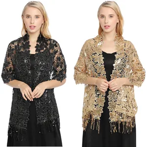 Women Elegant Sequin Tassel Shawl Water Soluble Lace Floral Hollow Out Wrap For Evening Party Wedding Banquet Formal Occasion