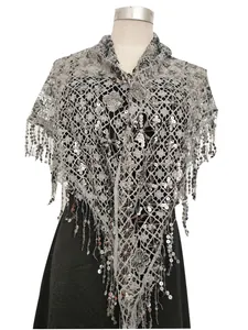 Detailed view of silver sequin lace shawl with elegant tassel trim for party wear