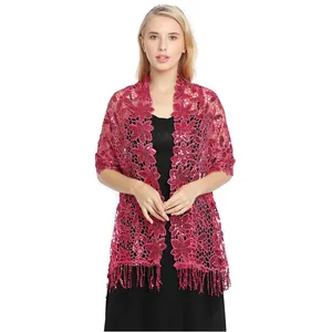 Elegant red floral lace shawl with sequins and tassels for formal evening dresses