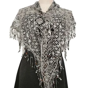 Silver sequin triangle shawl scarf with tassel details for evening wedding gown