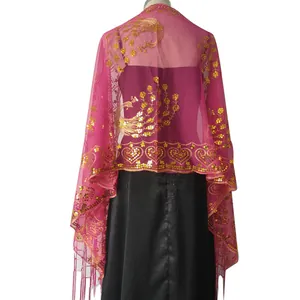 Pink evening shawl with gold peacock sequin embroidery and elegant fringe detail