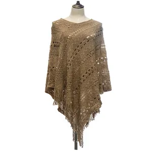Bohemian brown knitted poncho cape with fringe tassels and geometric hollow patterns