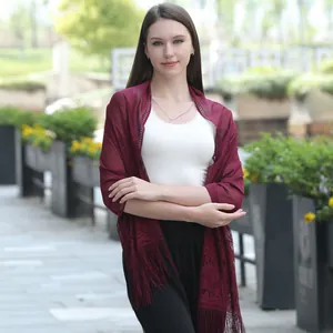 Elegant burgundy lace shawl scarf for bride bridesmaid evening dress with fringe detail