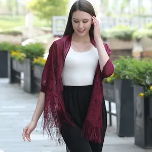 Elegant burgundy lace shawl with floral embroidery and long fringe for evening dress
