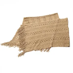 Elegant bohemian knitted hollow-out pullover poncho shawl with fringe tassels in khaki