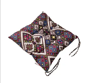 Thick bohemian style geometric pattern cotton linen tufted seat cushion with ties