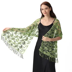 Elegant green sequined paisley shawl shrug with delicate fringes for evening dresses